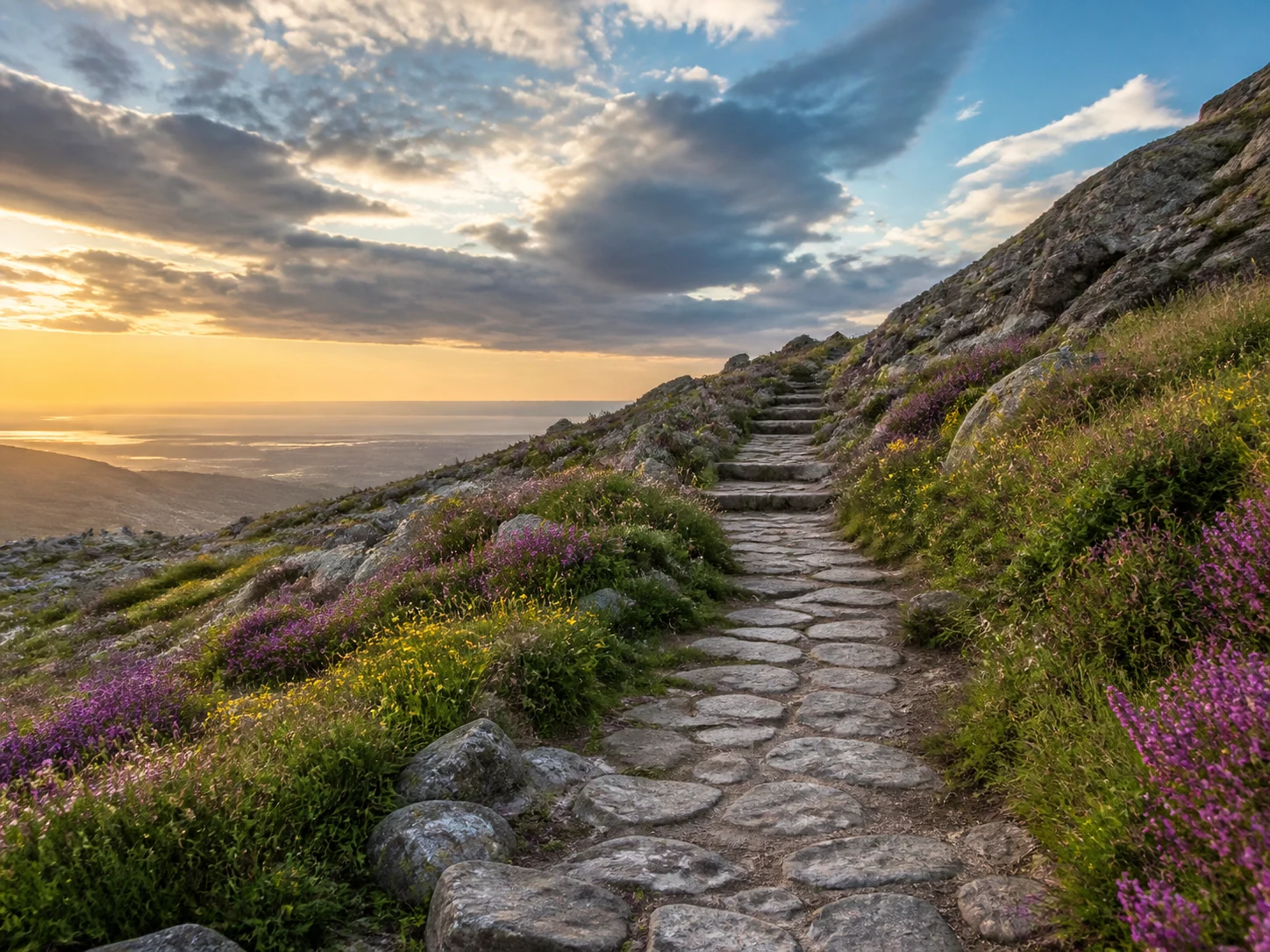 Caminho de pedra a subir por uma encosta com flores silvestres