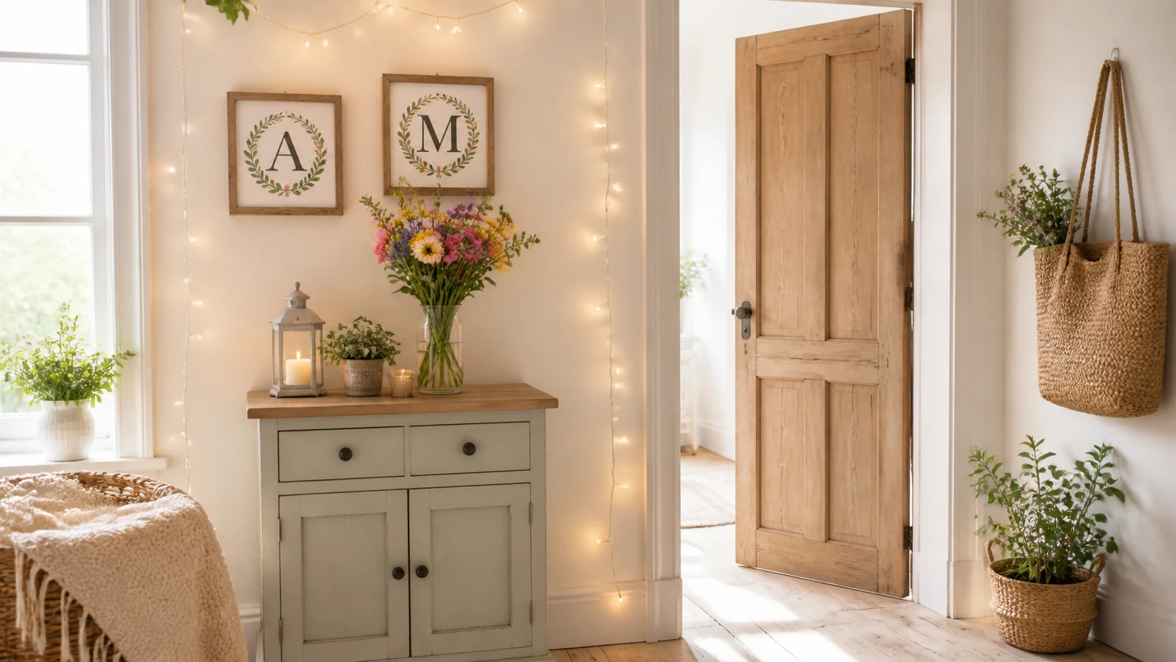 Hall de entrada alegre com luzes penduradas, letras na parede e flores