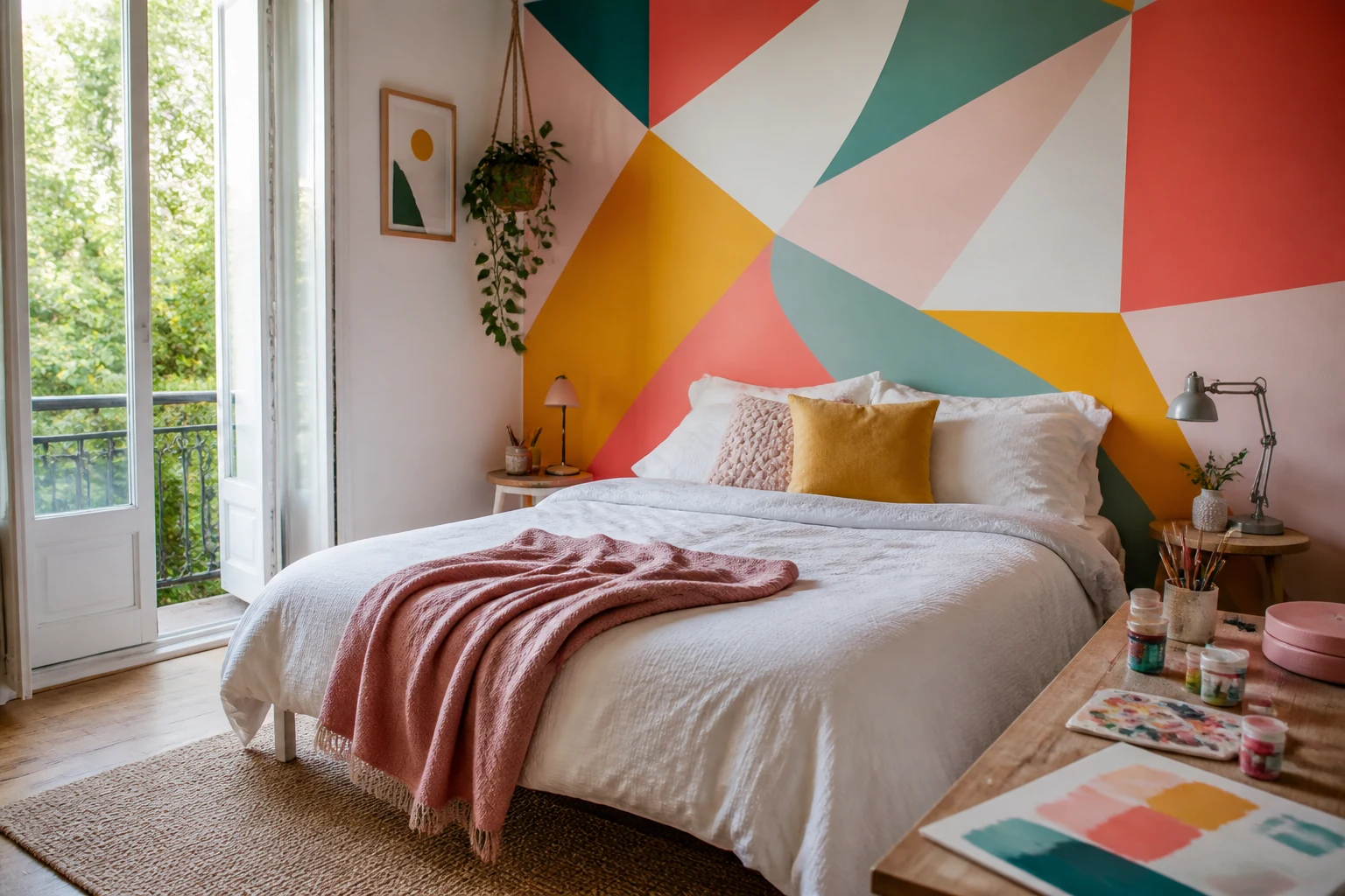 Quarto criativo com parede geométrica pintada em várias cores e cama branca