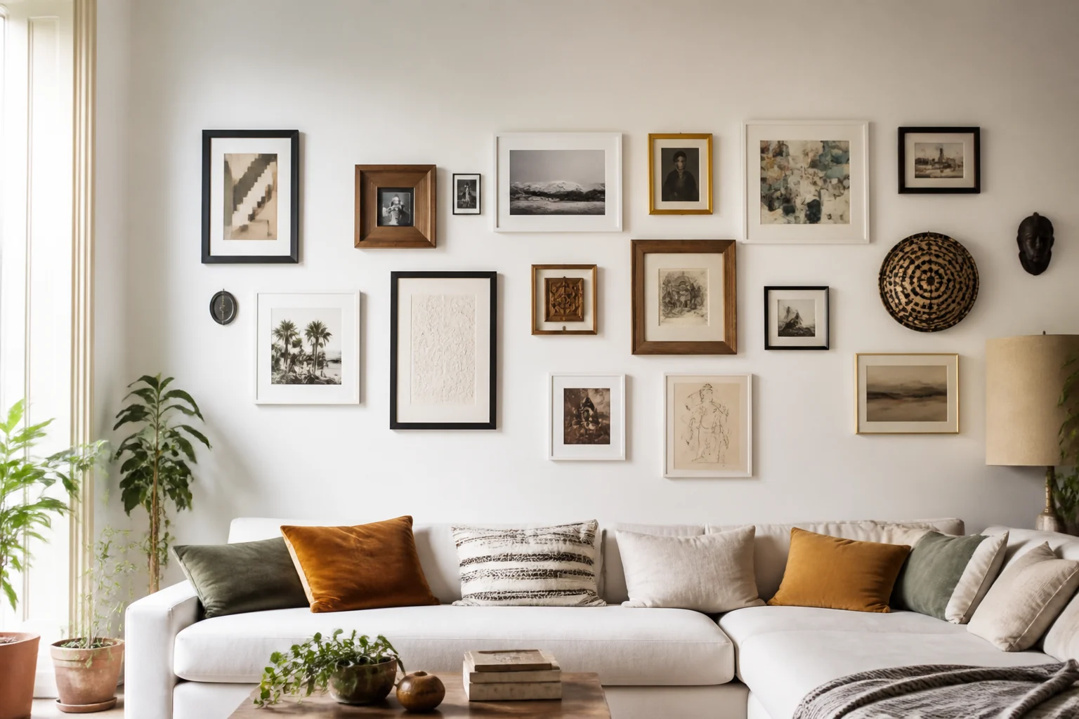 Sala com uma galeria assimétrica de quadros e fotografias