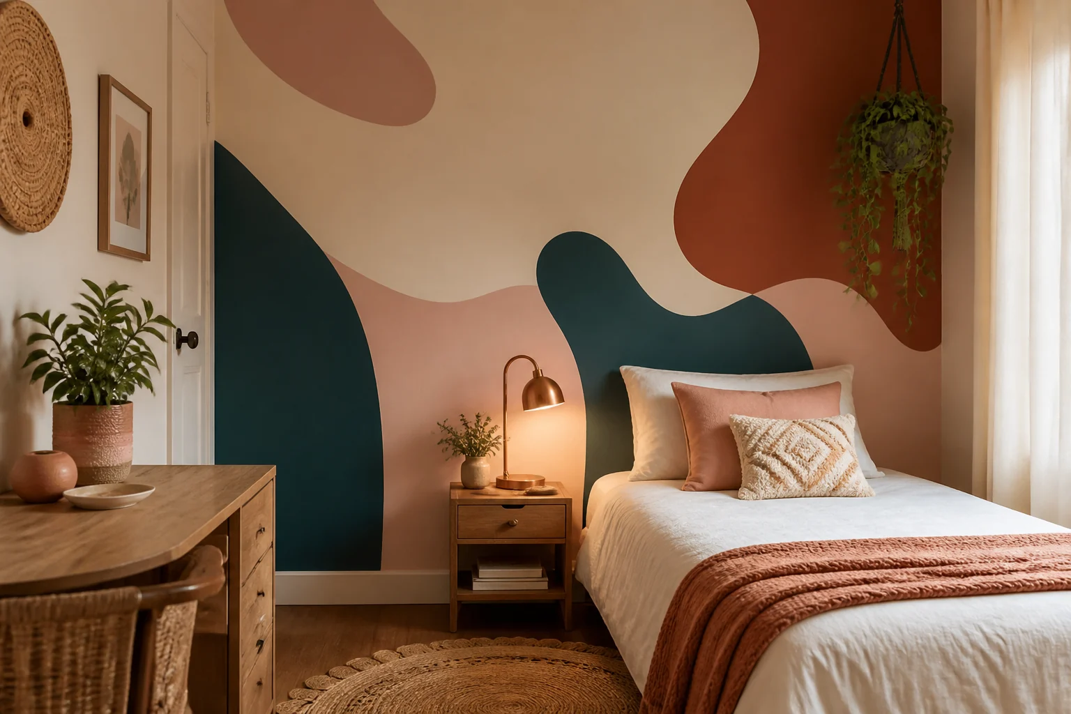 Quarto com parede pintada em formas orgânicas coloridas