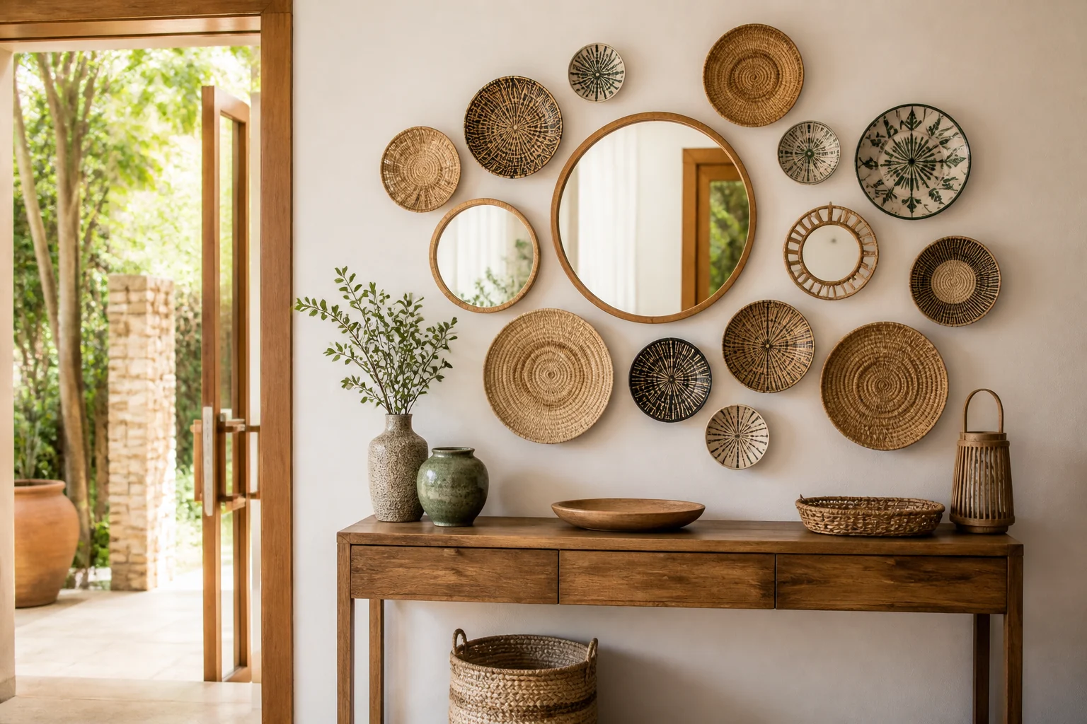 Entrada com pratos, cestos e espelhos decorando a parede