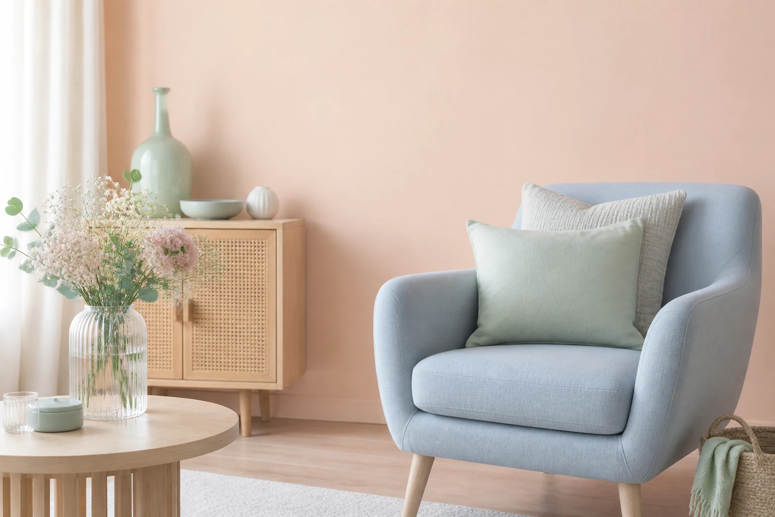 Sala em tons pastel com cadeirão azul, parede pêssego e almofadas verde-menta