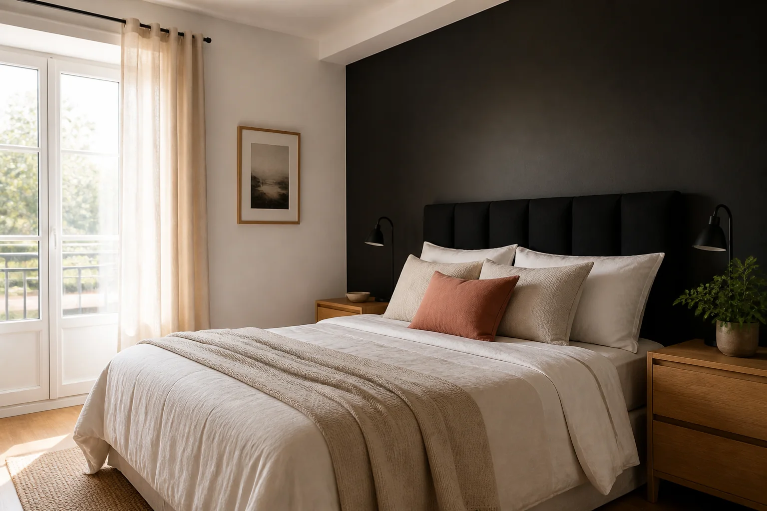 Quarto sereno com parede e cabeceira pretas, roupa de cama clara e madeira