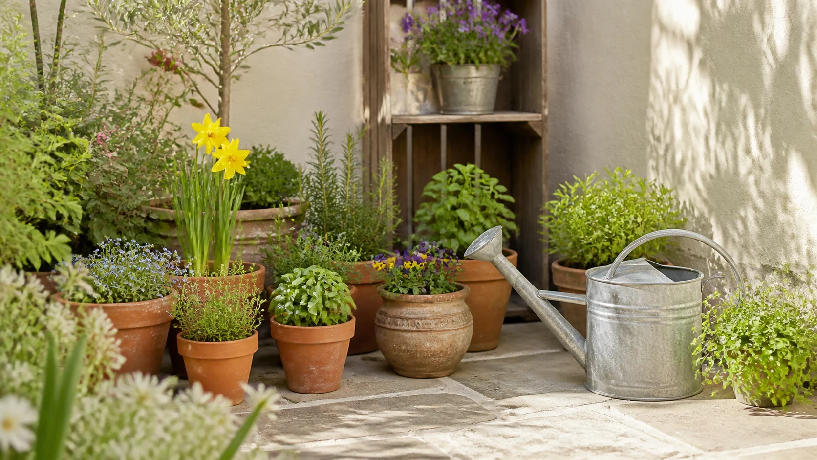 Canto de jardim com vasos de flores e ervas aromáticas