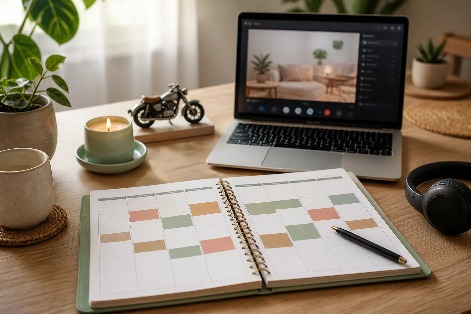 Planeador semanal junto a um computador preparado para uma transmissão em direto