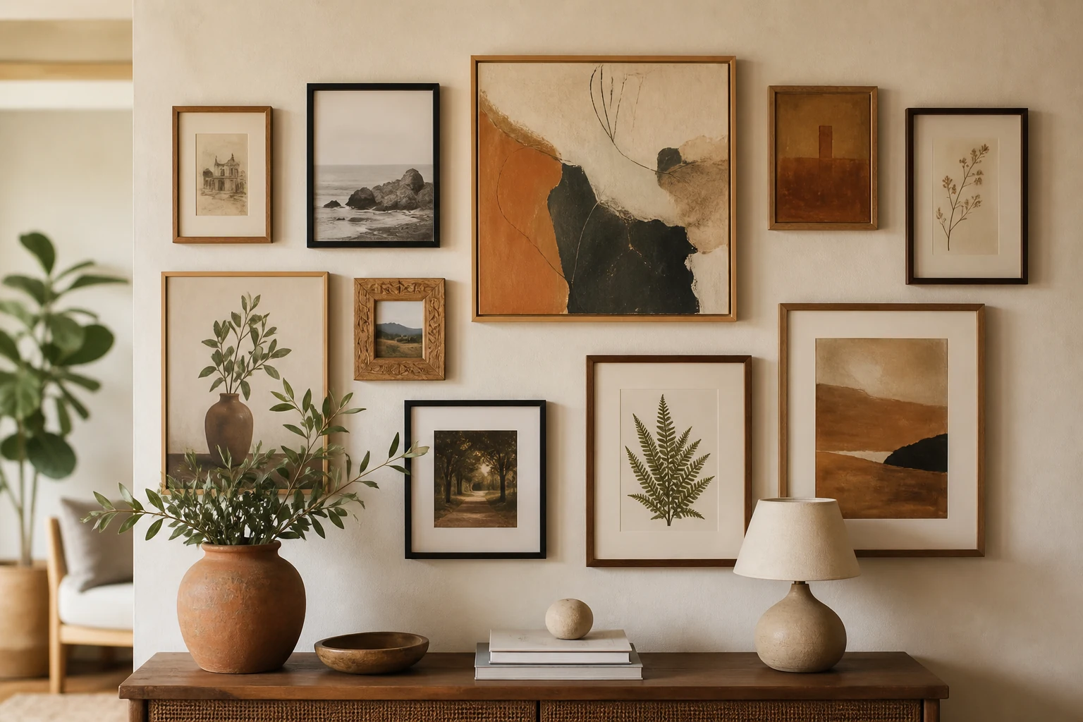 Parede de galeria com quadros variados, fotografias e ilustrações