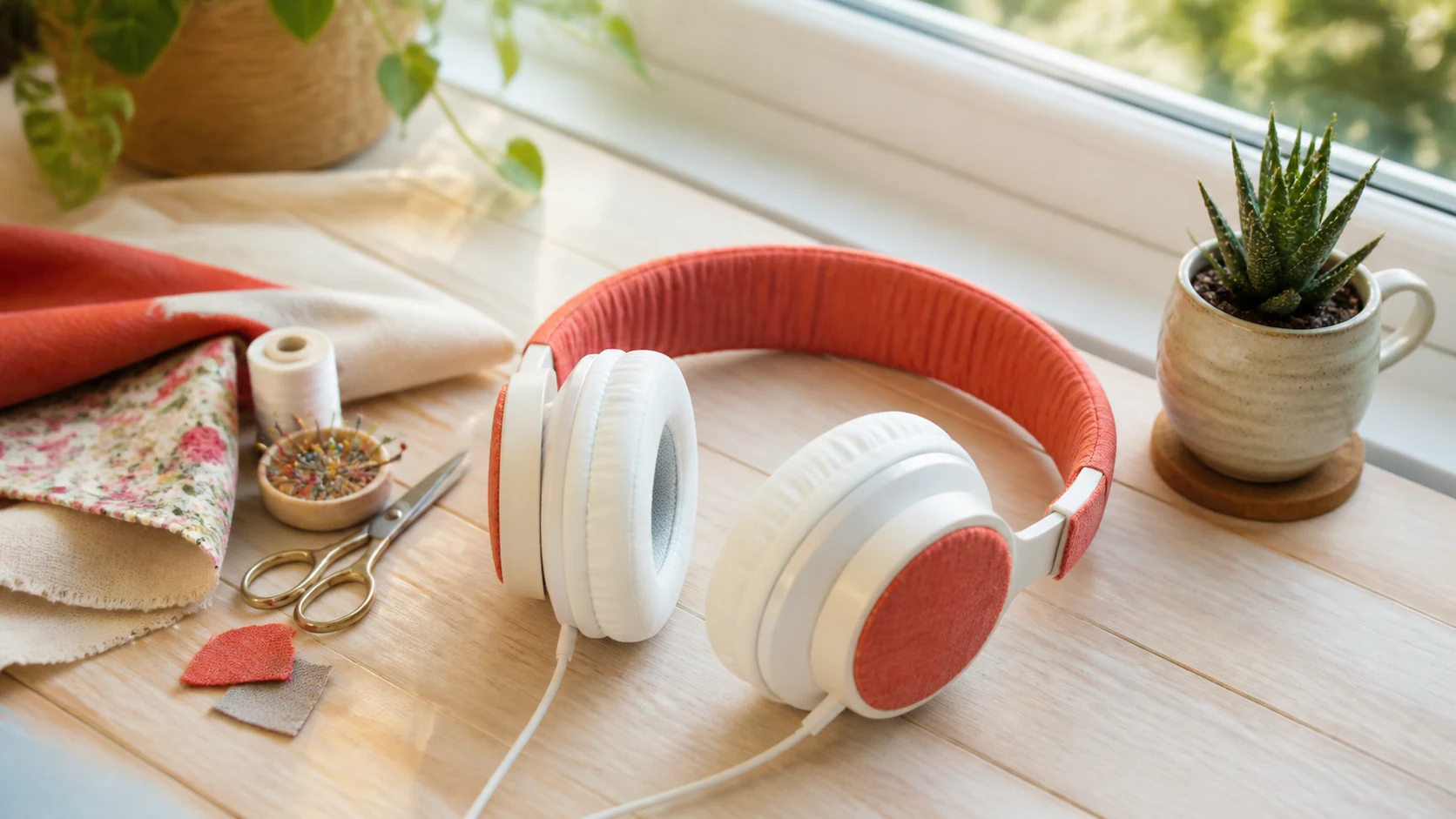 Headphones renovados com tecido coral e almofadas brancas, junto a materiais de costura