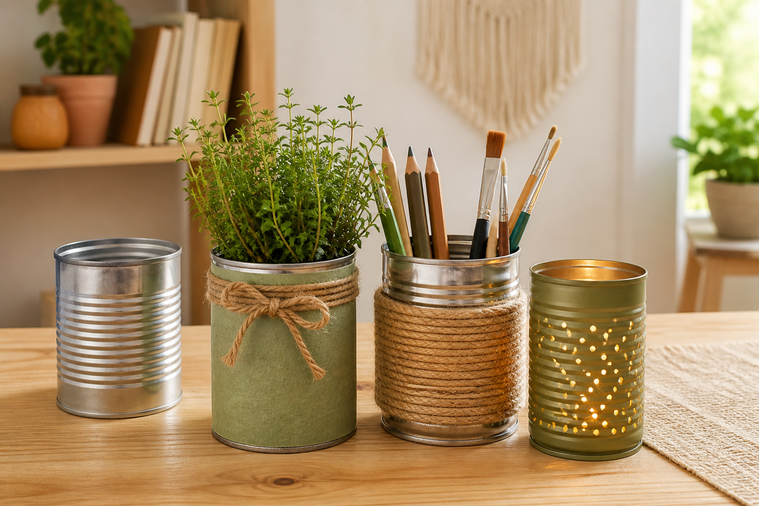 Latas reutilizadas como vaso, organizador e candeeiro decorativo