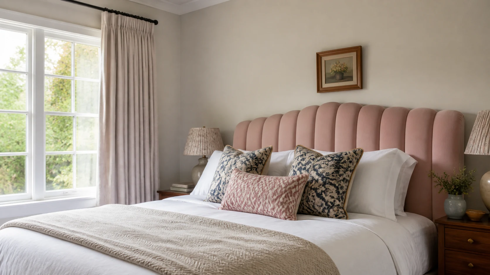 Cores: rosas em casa 2 Cabeceira cor-de-rosa num quarto luminoso
