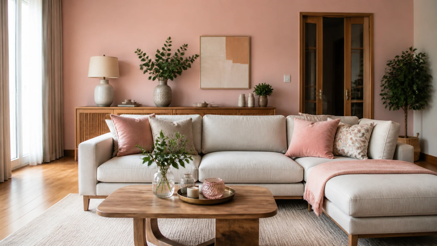 Cores: rosas em casa 1 Sala com parede rosa suave e detalhes acolhedores