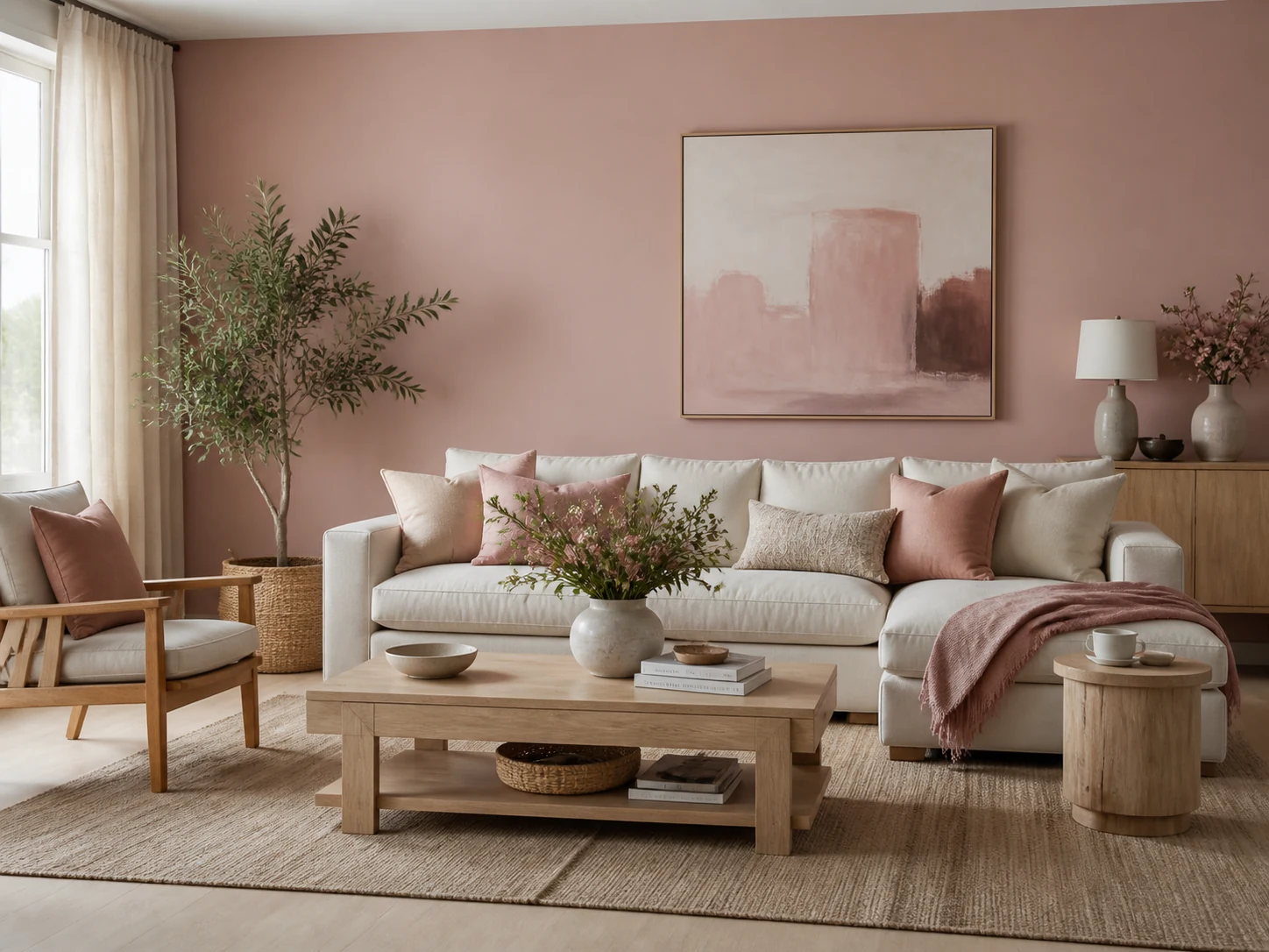 Sala luminosa com apontamentos em rosa antigo