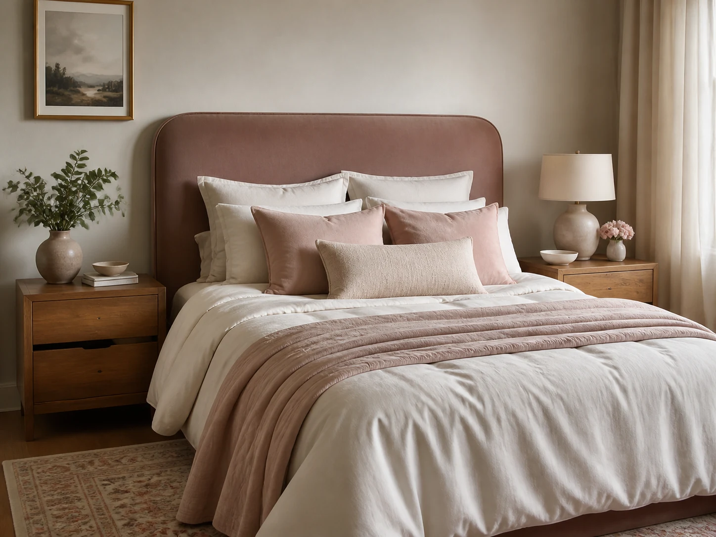 Quarto elegante em branco e rosa queimado