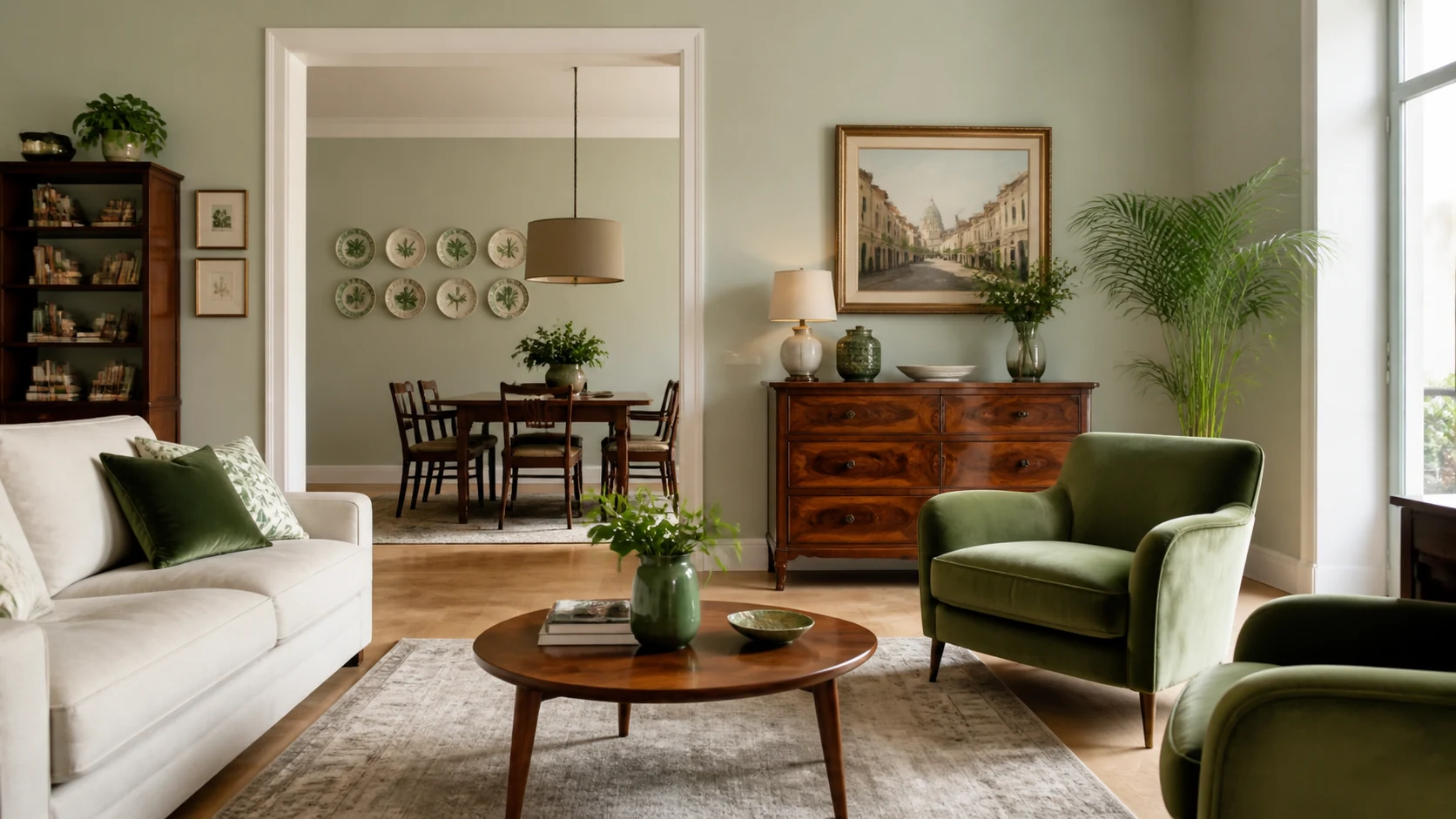 Sala com tons de verde, plantas e madeira