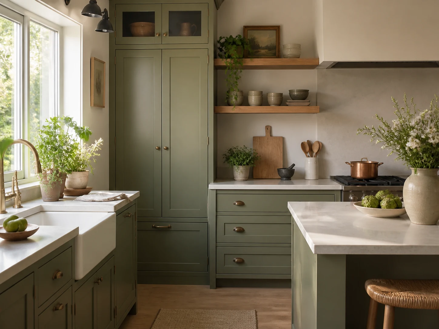 Cozinha luminosa com armários verde sálvia
