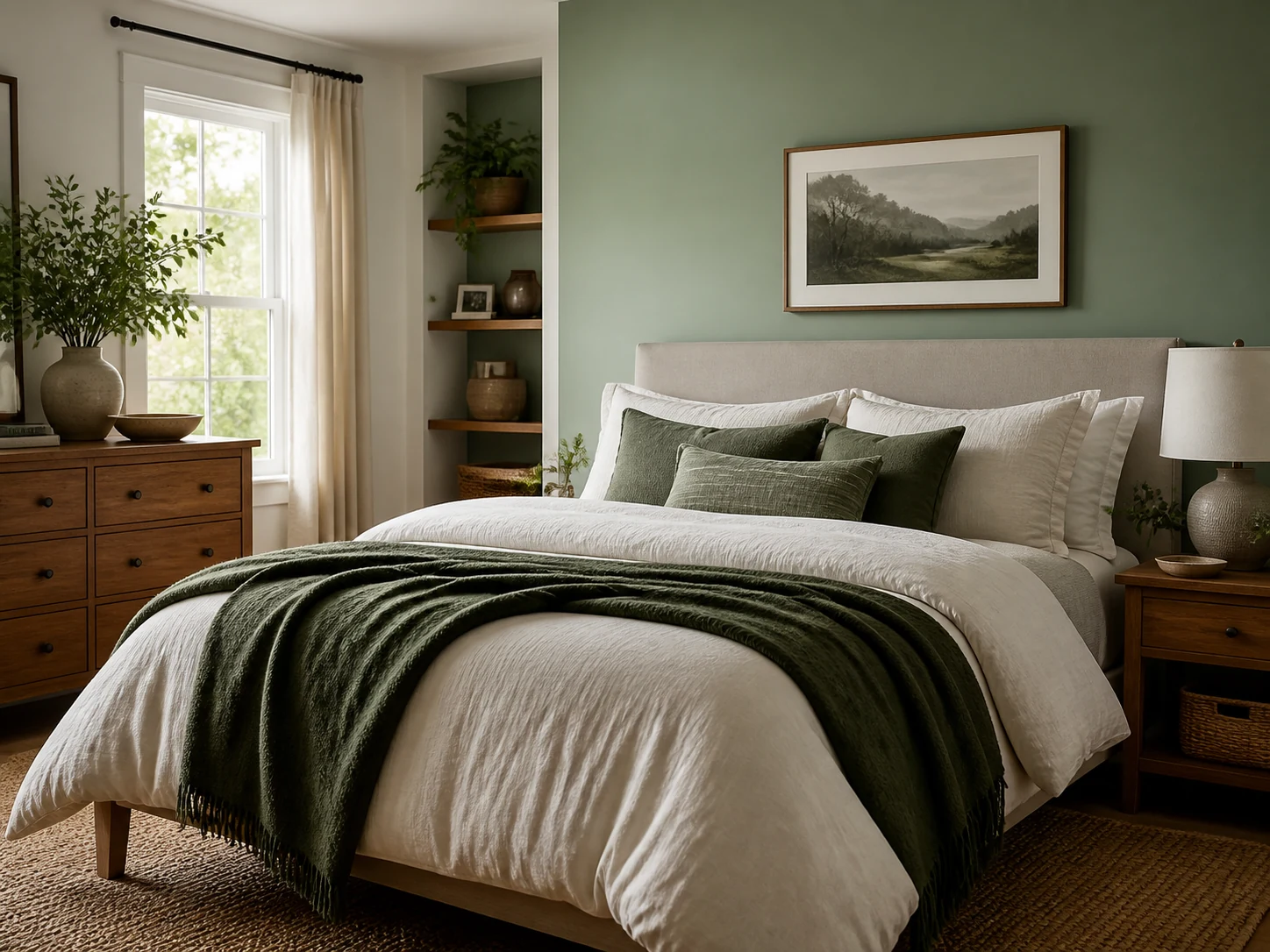 Quarto sereno decorado com diferentes tons de verde