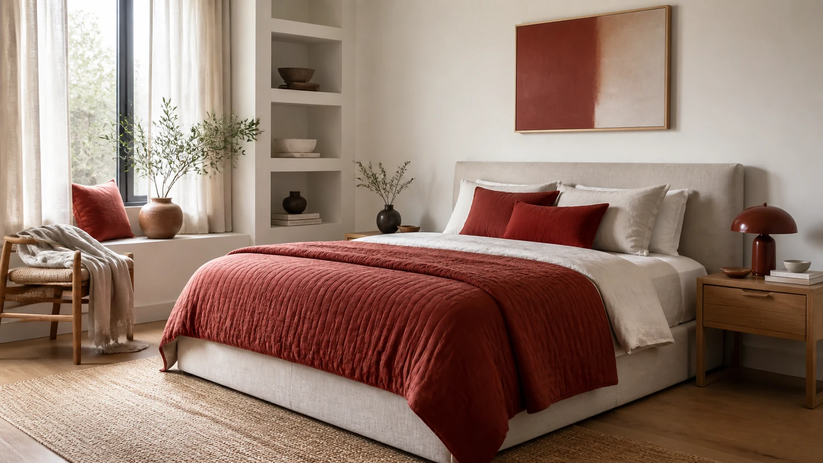 Quarto neutro com apontamentos decorativos em vermelho